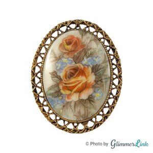 Vintage 70s Roses Forget Me Not Flowers Porcelain Oval Floral Cameo Brooch
